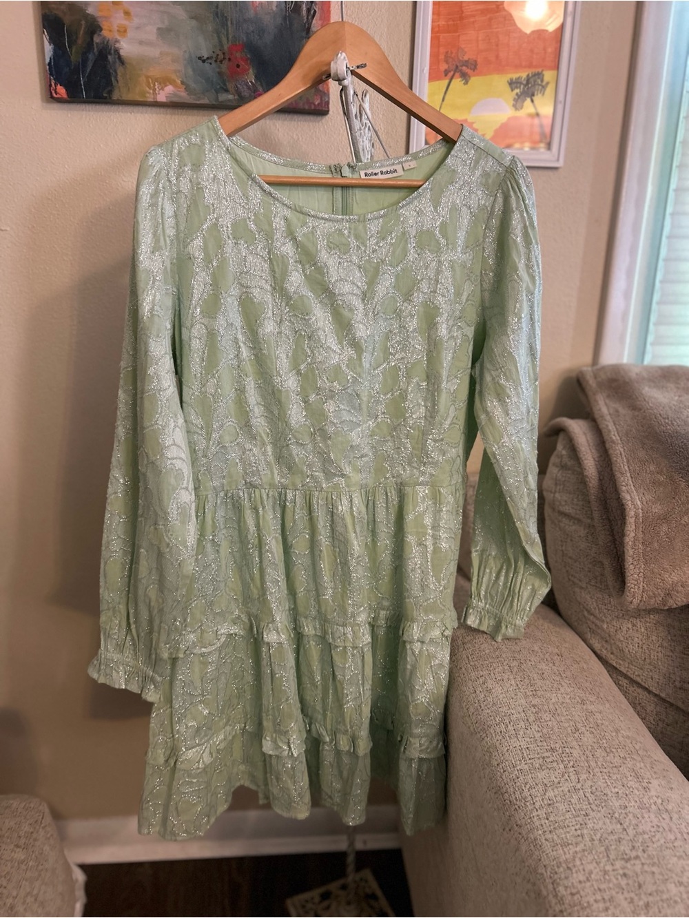 Roller Rabbit Green Floral Tiered Long-Sleeve Dress Large Whimsy Garden Party